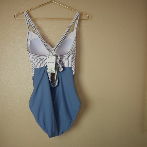 Eomenie Tummy Control Blue Striped Womens Large One Piece Sexy Cutout Swimsuit - Picture 10 of 12